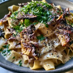 Close-up of seared portobello mushrooms and glossy garlic cream sauce on pappardelle pasta.