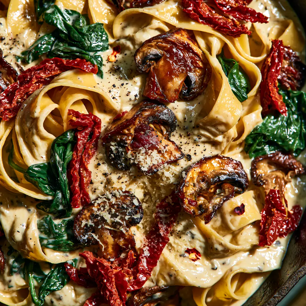 Glossy garlic parmesan cream sauce coating wide tagliatelle ribbons in a rustic cast iron skillet.