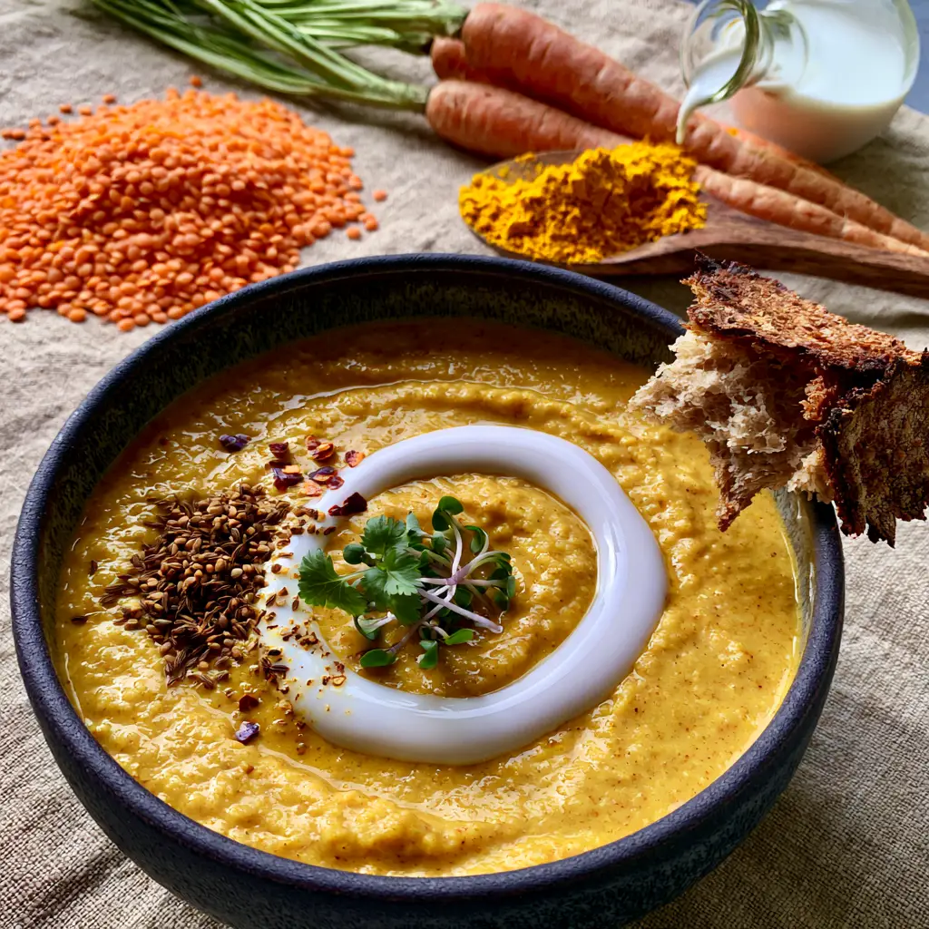 Carrot Lentil Soup with Velvety Coconut Milk and Toasted Cumin 1 Macro close-up of velvety orange carrot lentil soup in a dark bowl with a white coconut milk spiral and toasted sourdough on the rim.