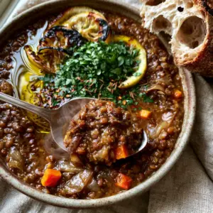 Close-up of a spoonful of Vegetarian Lentil Soup showing dense texture, carrots, and steam rising from a ceramic bowl.