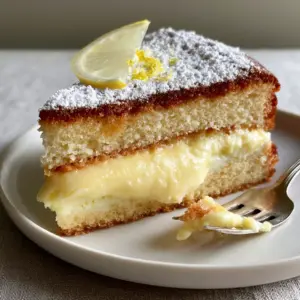 Detailed side view of a Lemon Custard Cake slice showing the airy sponge, creamy custard, and dense base layers.