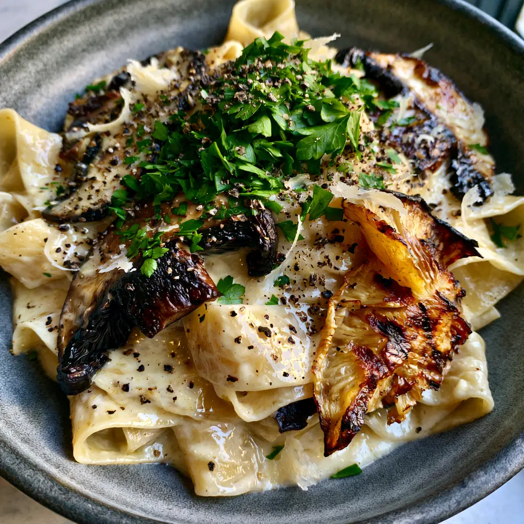 Wide pappardelle ribbons coated in a thick ivory garlic cream sauce with fresh parsley.