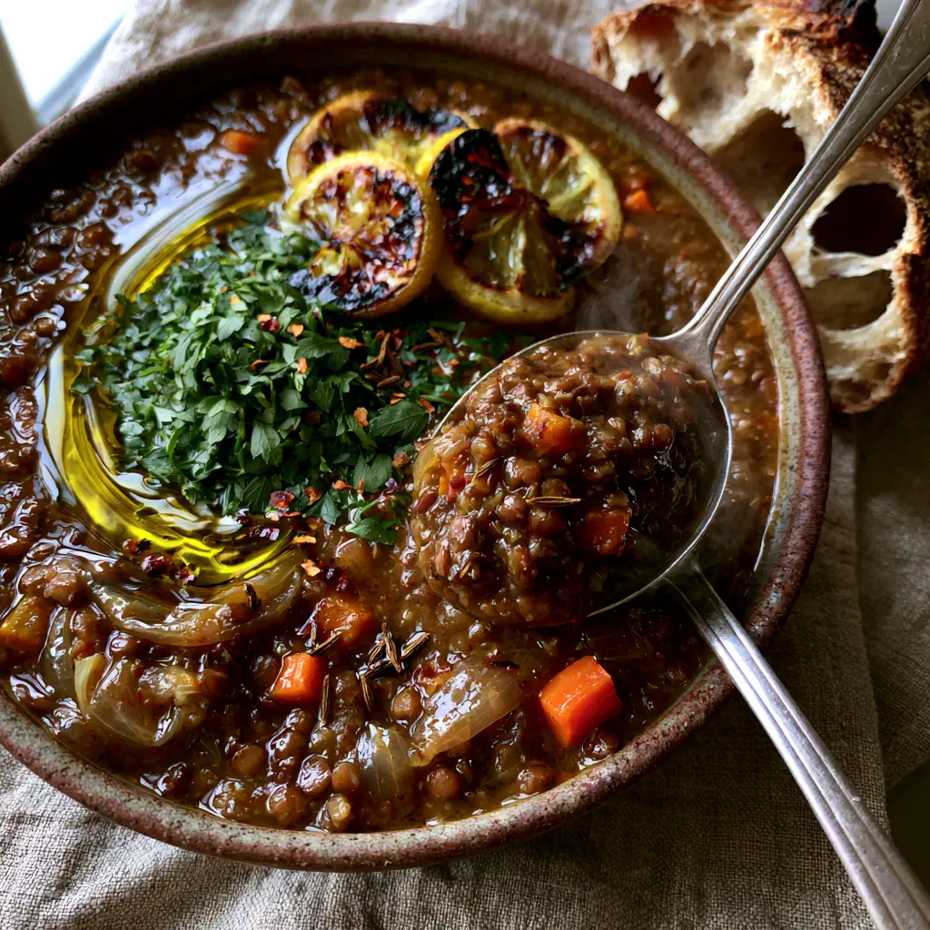 Vegetarian Lentil Soup with Charred Lemon and Toasted Cumin 1 High-angle shot of Vegetarian Lentil Soup garnished with charred lemon, parsley, and olive oil next to sourdough bread.