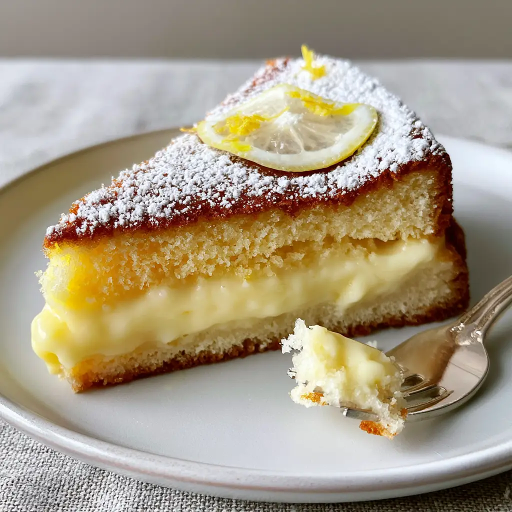 Lemon Custard Cake dusted with powdered sugar and garnished with a translucent lemon wheel on light-grey linen.