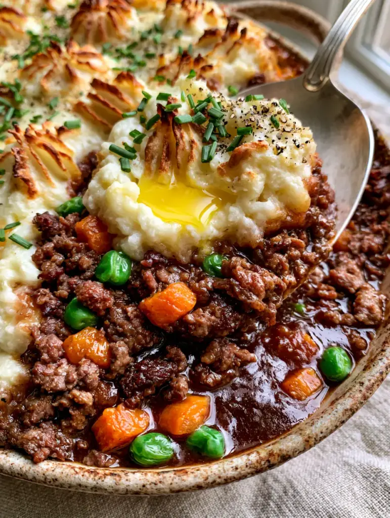 Golden brown toasted potato peaks on top of a rustic Shepherd's Pie recipe.