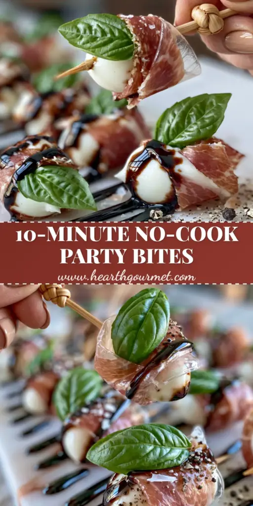 A close-up of Prosciutto wrapped mozzarella bites on a marble slab with balsamic glaze and bamboo skewers.