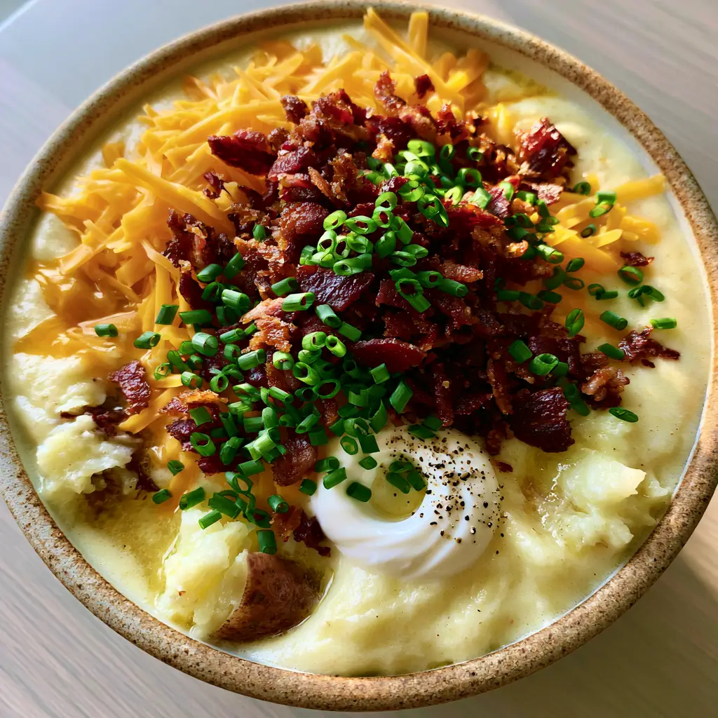 Pioneer Woman Potato Soup: The Ultimate Creamy Comfort in a Bowl 2 Close-up of a rustic bowl of pioneer woman potato soup with visible potato chunks and melting orange cheddar.