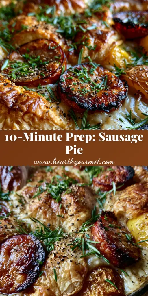 Sausage Pie with Golden Puff Pastry and Smoked Kielbasa 4 A top-down macro shot of a savory sausage pie in a cast iron skillet, featuring flaky golden puff pastry, charred smoked sausage, and fresh rosemary. (sausage pie)