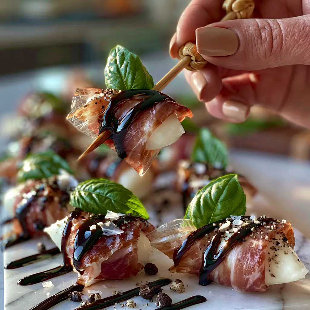 Multiple Prosciutto wrapped mozzarella bites arranged on a white marble slab with visible flaky sea salt and balsamic drizzle.