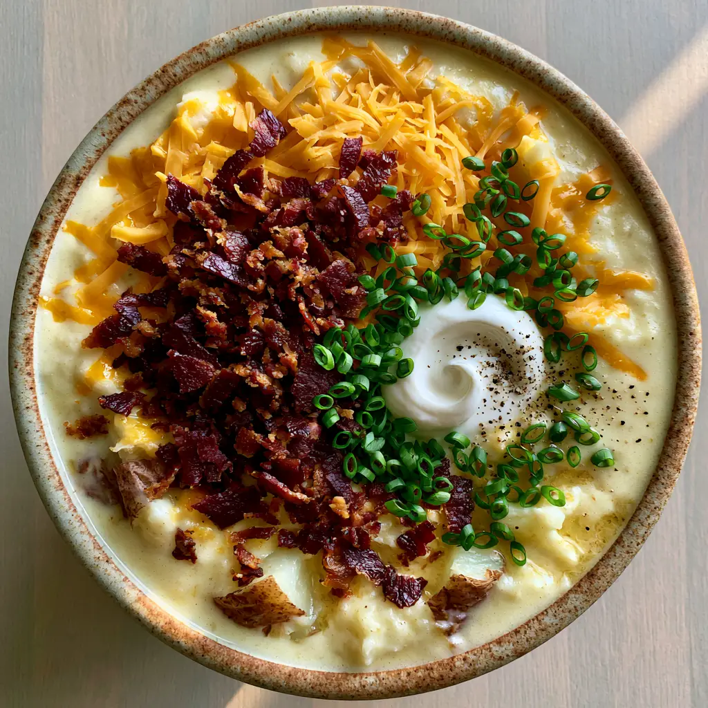 Pioneer Woman Potato Soup: The Ultimate Creamy Comfort in a Bowl 1 Overhead view of pioneer woman potato soup showing the mahogany bacon bits and vibrant green chives.