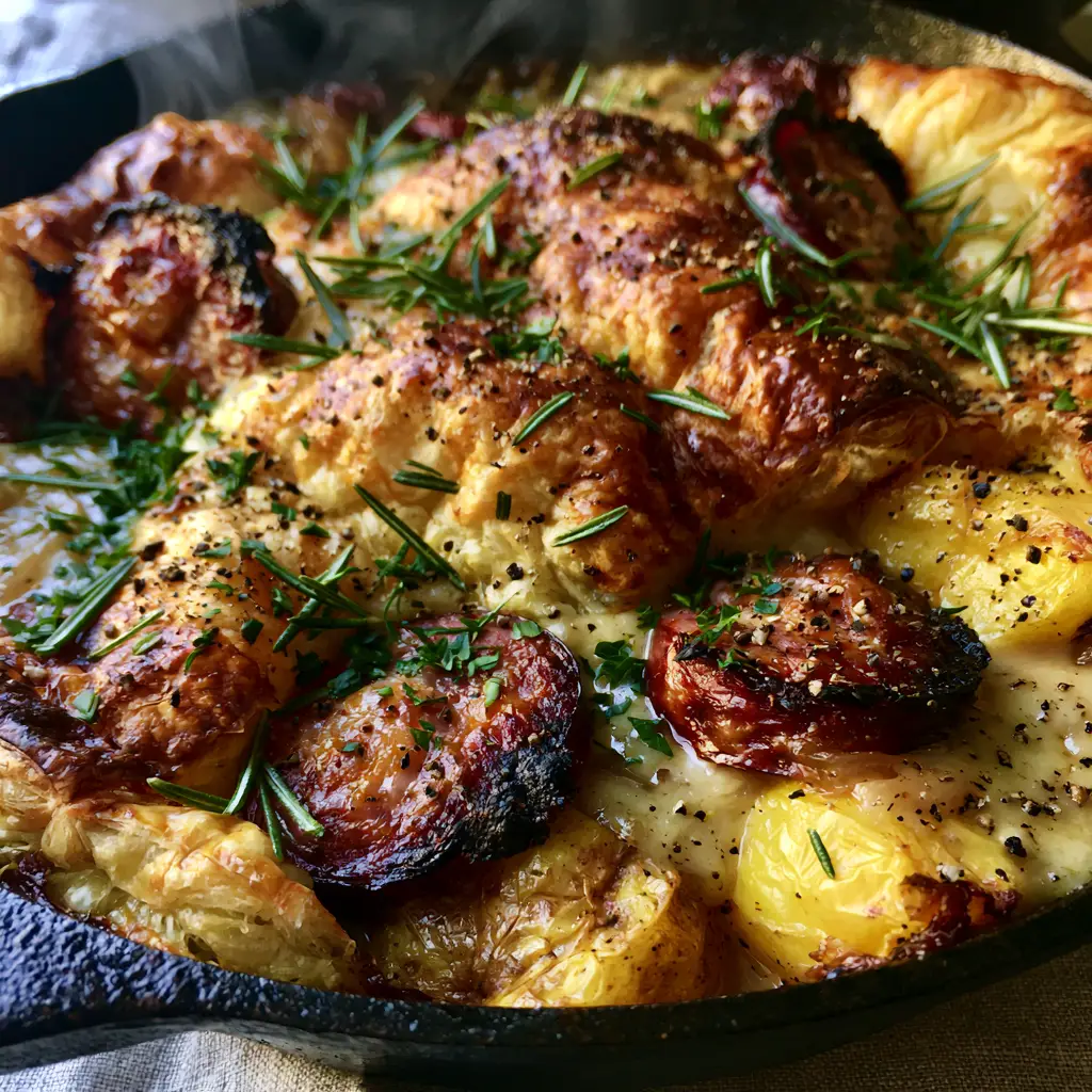 Sausage Pie with Golden Puff Pastry and Smoked Kielbasa 2 Extreme macro of golden-brown puff pastry layers on a sausage pie with visible steam and rosemary needles. (sausage pie)
