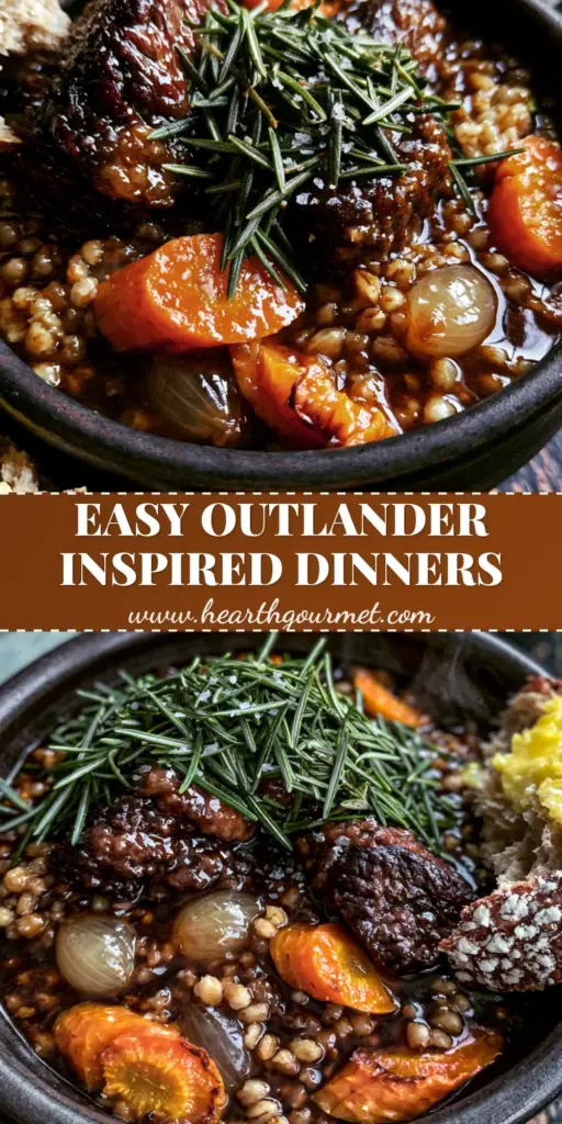 A rustic bowl of Scottish Beef and Barley Stew with a side of sourdough bread, inspired by the Outlander Kitchen cookbook.
