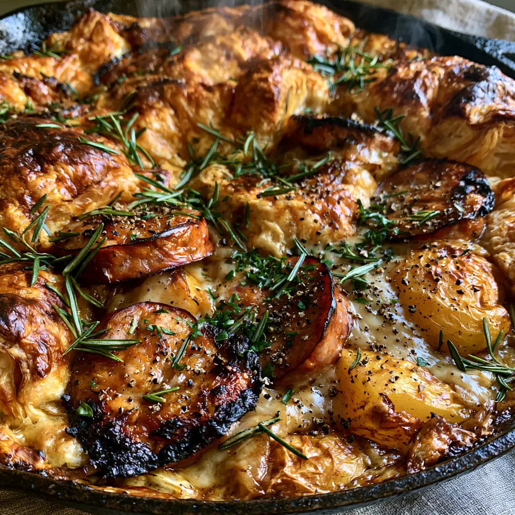 Sausage Pie with Golden Puff Pastry and Smoked Kielbasa 1 Close up of charred smoked kielbasa and yellow potatoes peeking through a thick onion gravy in a sausage pie. (sausage pie)