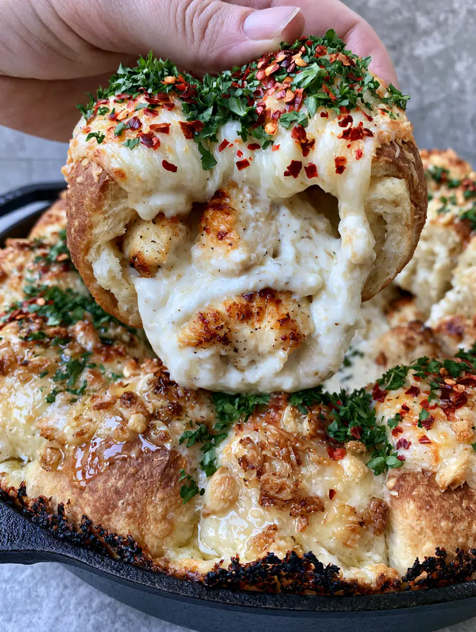 Macro shot of rustic sourdough rolls in a skillet, glistening with garlic butter and parsley. (chicken alfredo garlic bread)