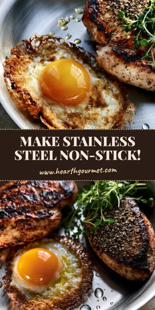 A premium brushed stainless steel pot on a stone counter featuring a perfectly seared chicken breast and a crispy-edged fried egg with micro-thyme garnish.