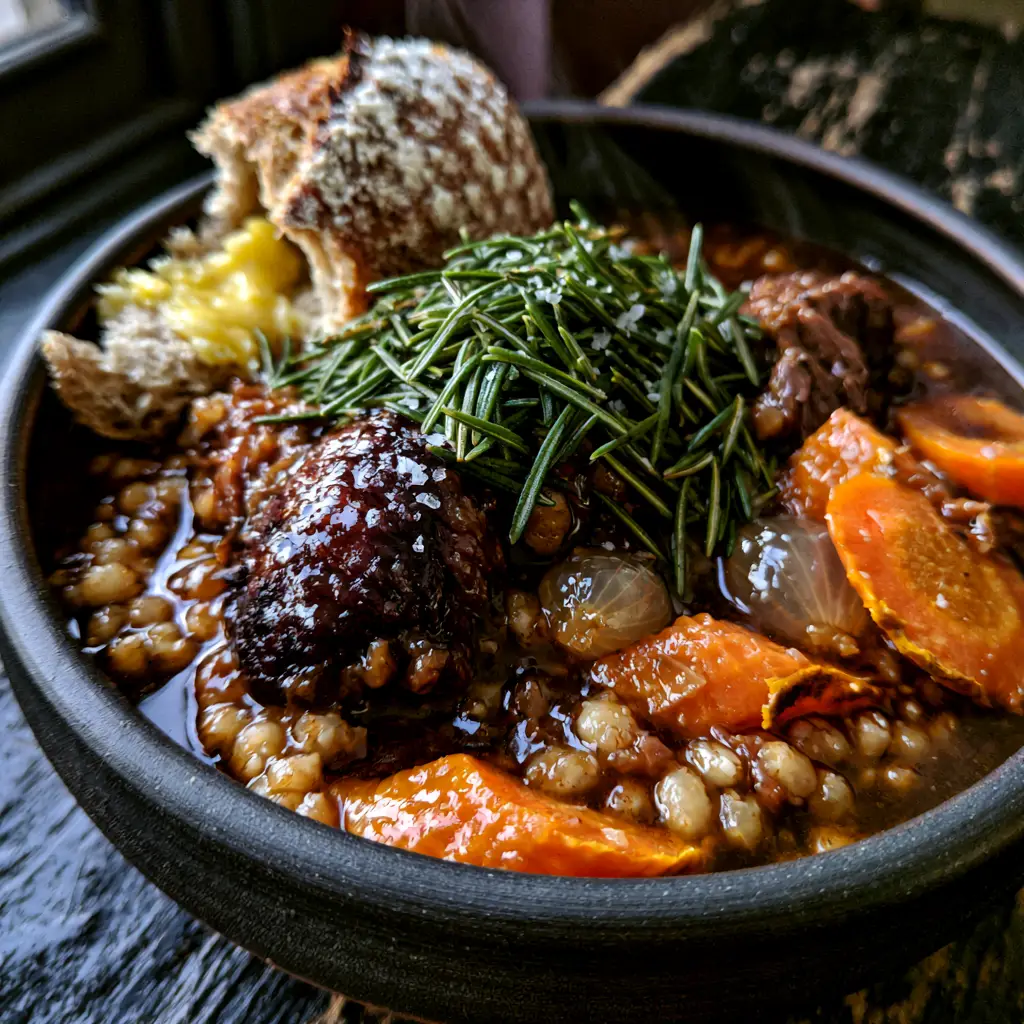Tender beef chunks with a mahogany crust and pearl barley in a dark stew.