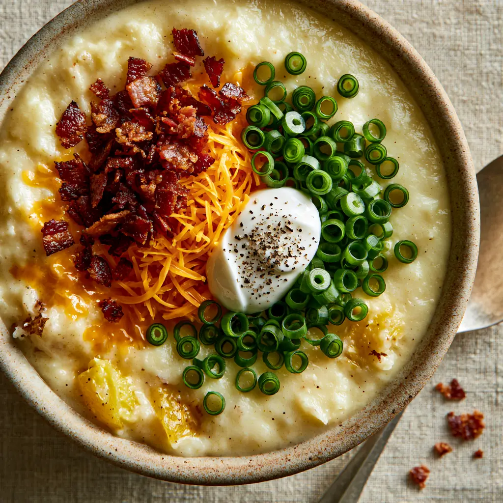 Bacon Potato Soup with Crispy Mahogany Bits and Sharp Cheddar 2 Top-down view of velvety ivory bacon potato soup in a ceramic bowl with melting cheddar edges. (bacon potato soup)