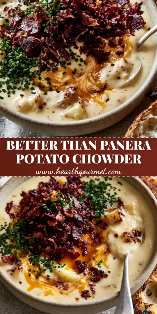 A rustic bowl of Potato Chowder topped with a mountain of crispy applewood bacon, emerald chives, and melted cheddar cheese, served with charred sourdough bread.