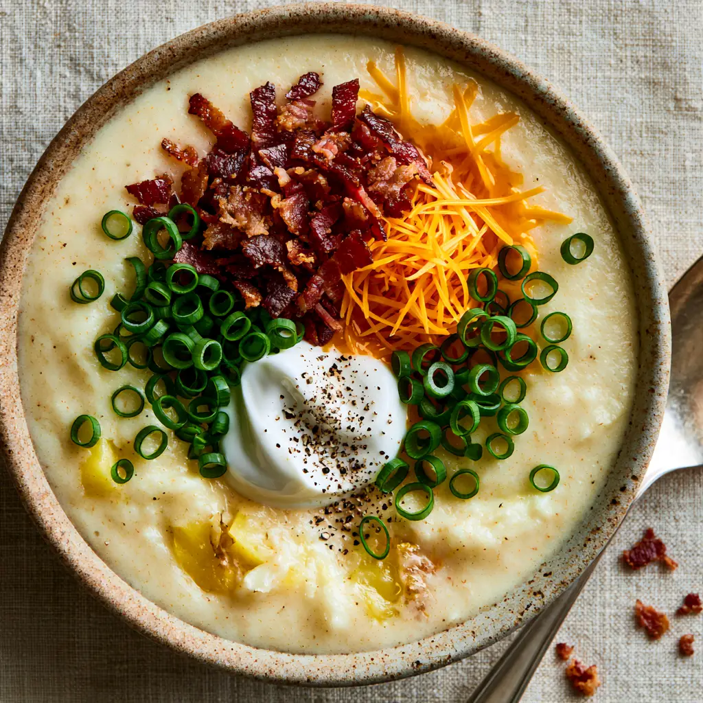 Bacon Potato Soup with Crispy Mahogany Bits and Sharp Cheddar 1 A close-up of fork-tender yellow Yukon Gold potato chunks breaking the surface of a rich bacon potato soup.