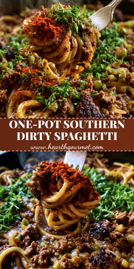 A close-up vertical shot of Dirty Spaghetti in a cast iron skillet, featuring twirled noodles in dark gravy with seared beef and green parsley.