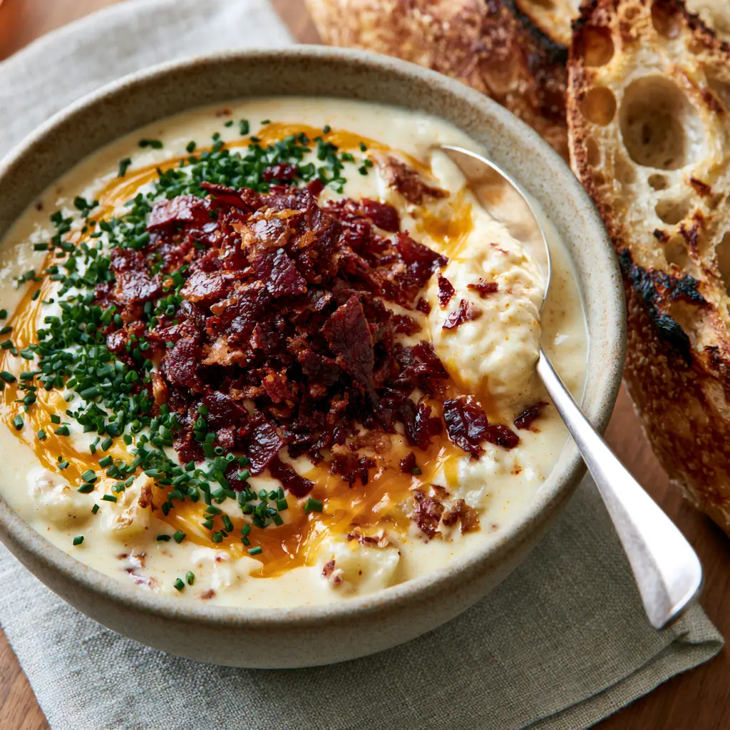 A professional food photography shot of Potato Chowder in a ceramic bowl with a side of charred sourdough bread on a grey linen napkin.