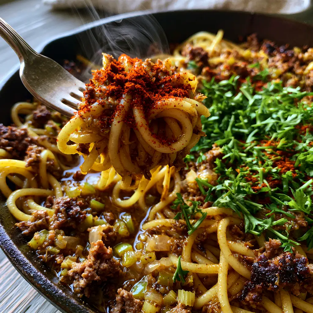 A silver fork lifting a messy swirl of glistening Dirty Spaghetti from a cast iron pan.