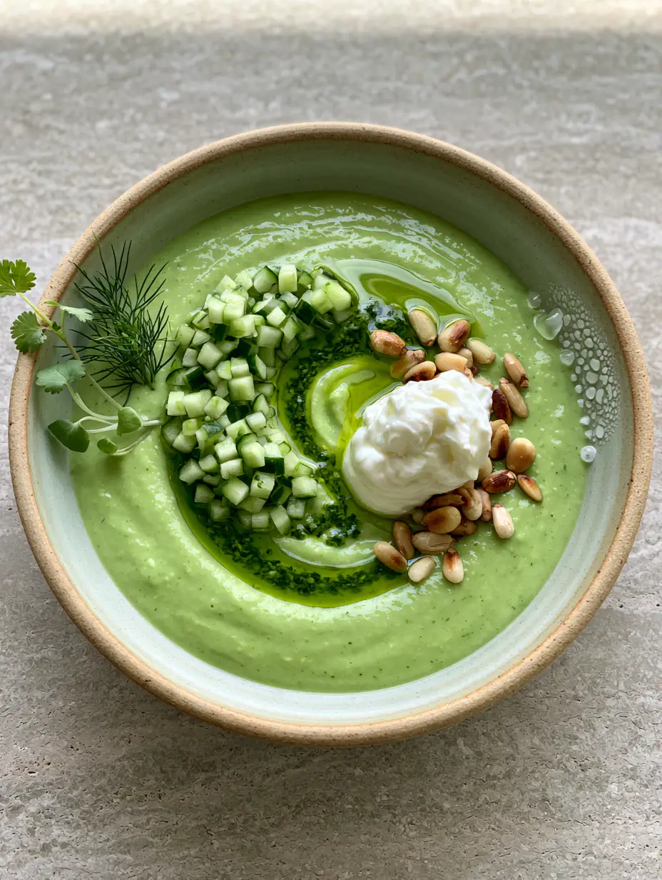 Overhead shot of a silky pale green soup with a precise circle of diced cucumbers and neon-green oil. (summer soup recipes)