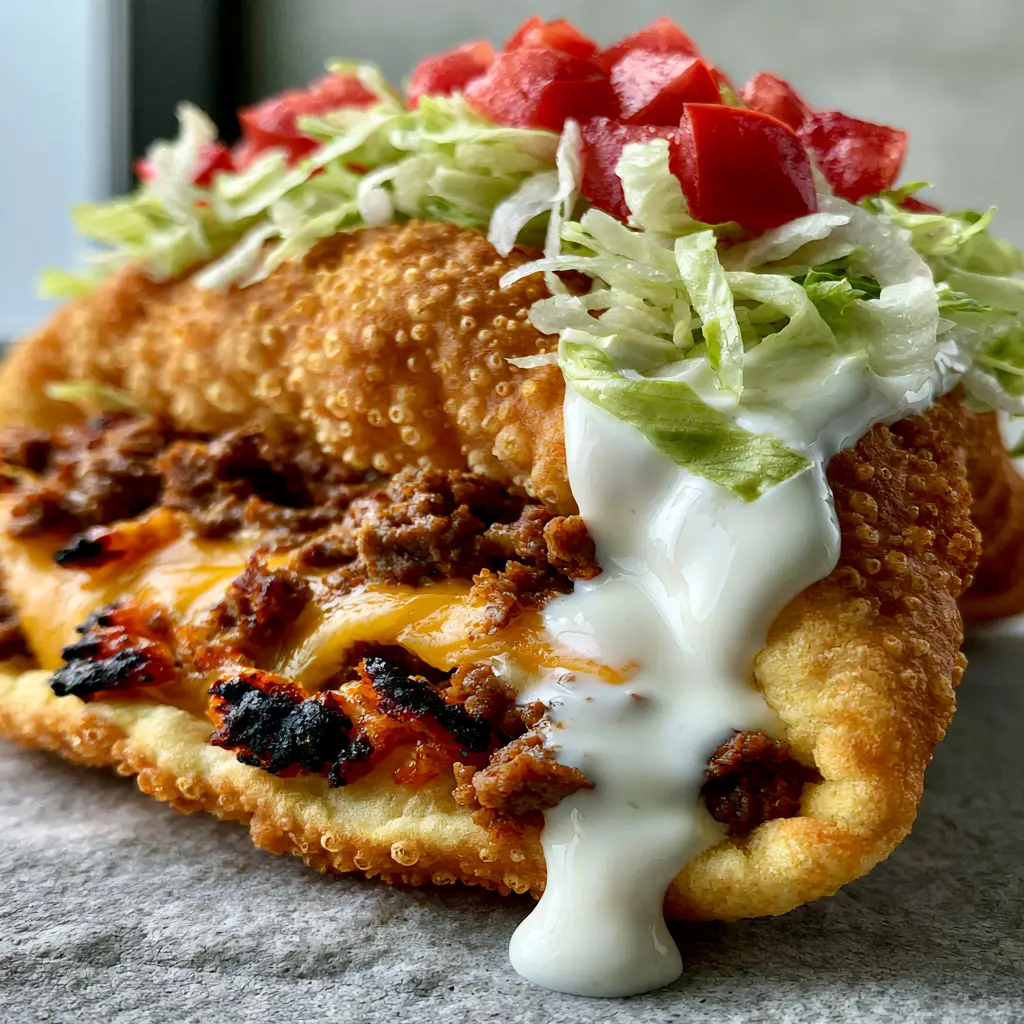 A handheld shot of a loaded chalupa with thick Mexican crema dripping down the side. (homemade chalupa recipe)