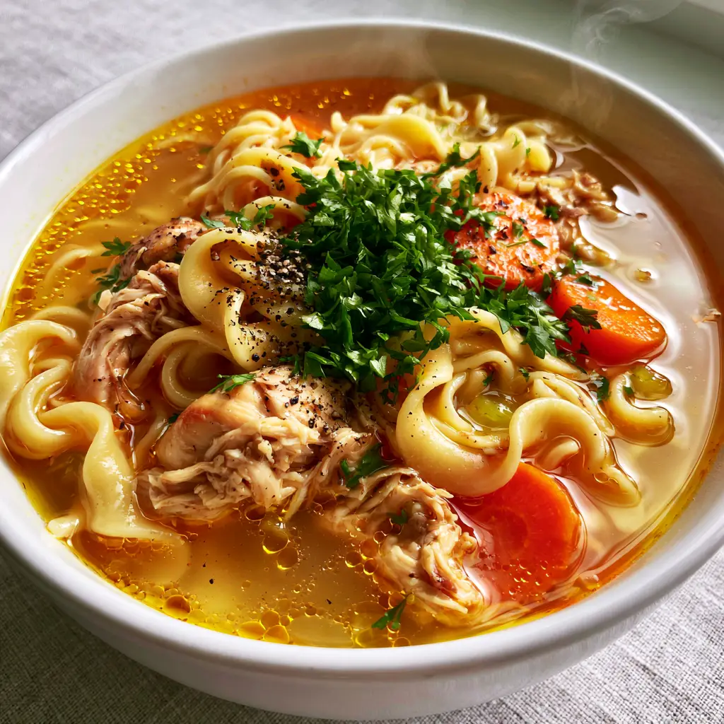 Chicken Noodle Soup Recipes: The Ultimate Golden Amber Comfort Bowl 2 Macro close-up of amber chicken broth with shimmering oil droplets and thick egg noodles. (Chicken Noodle Soup Recipes)