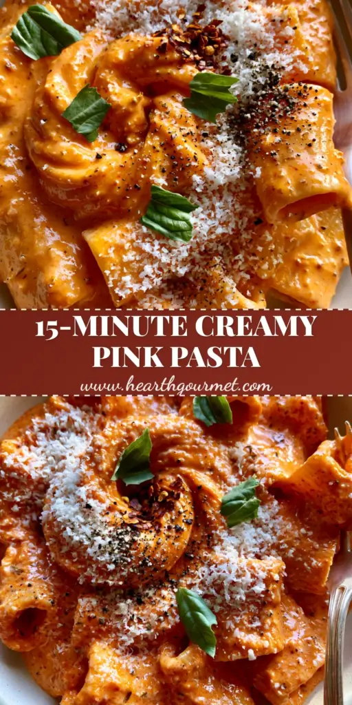 A close-up of rigatoni pasta coated in a thick, velvety pink-orange tomato pasta sauce with cream cheese, garnished with basil and pecorino.