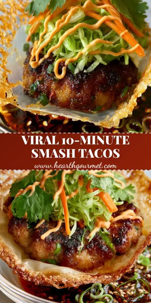 Smash Dumpling Tacos with a Crispy Lacy Starch Skirt 3 A close-up shot of a Smash Dumpling Taco with a crispy lacy starch skirt being dipped into chili oil.