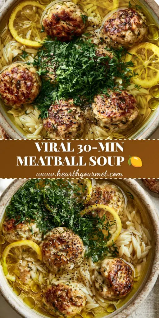 Chicken meatball soup with lemon, orzo, and fresh dill 4 A rustic ceramic bowl of chicken meatball soup with lemon wheels, orzo, and fresh dill on a marble background. (chicken meatball soup)