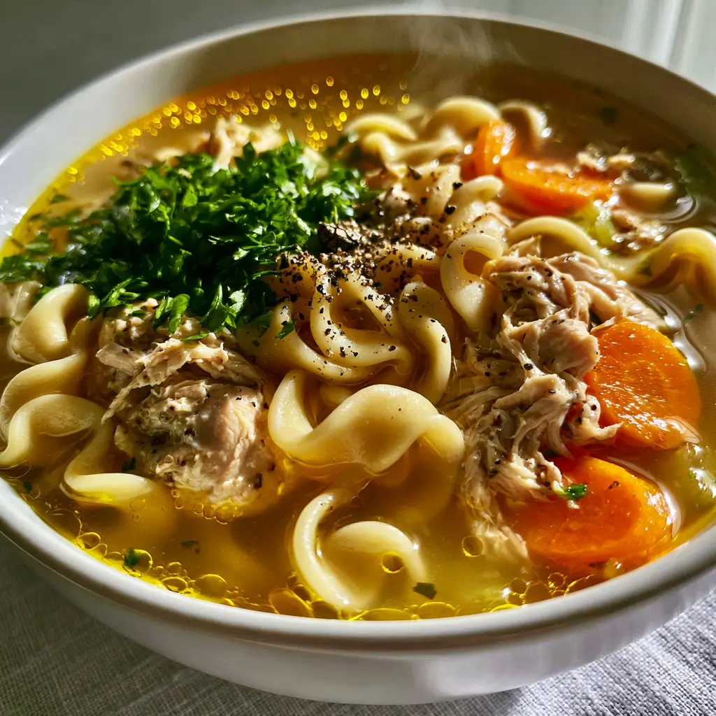 Chicken Noodle Soup Recipes: The Ultimate Golden Amber Comfort Bowl 1 Juicy chunks of pulled chicken and bright orange carrots in a clear golden soup. (Chicken Noodle Soup Recipes)