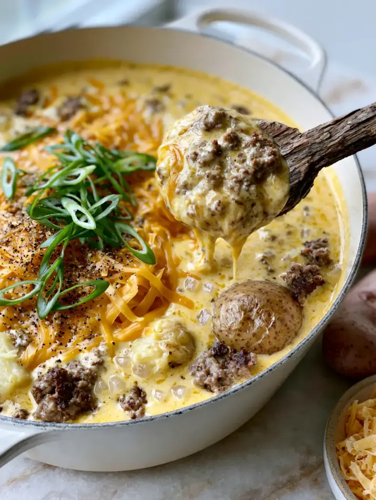 A top-down view of the Creamy potato and hamburger soup garnished with freshly cracked black pepper and vibrant sliced green onions on a marble countertop.