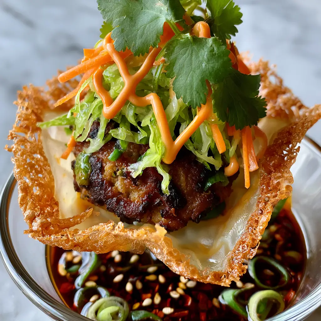 Smash Dumpling Tacos with a Crispy Lacy Starch Skirt 2 Macro photo of a single Smash Dumpling Taco showing the deeply seared pork and shredded cabbage.