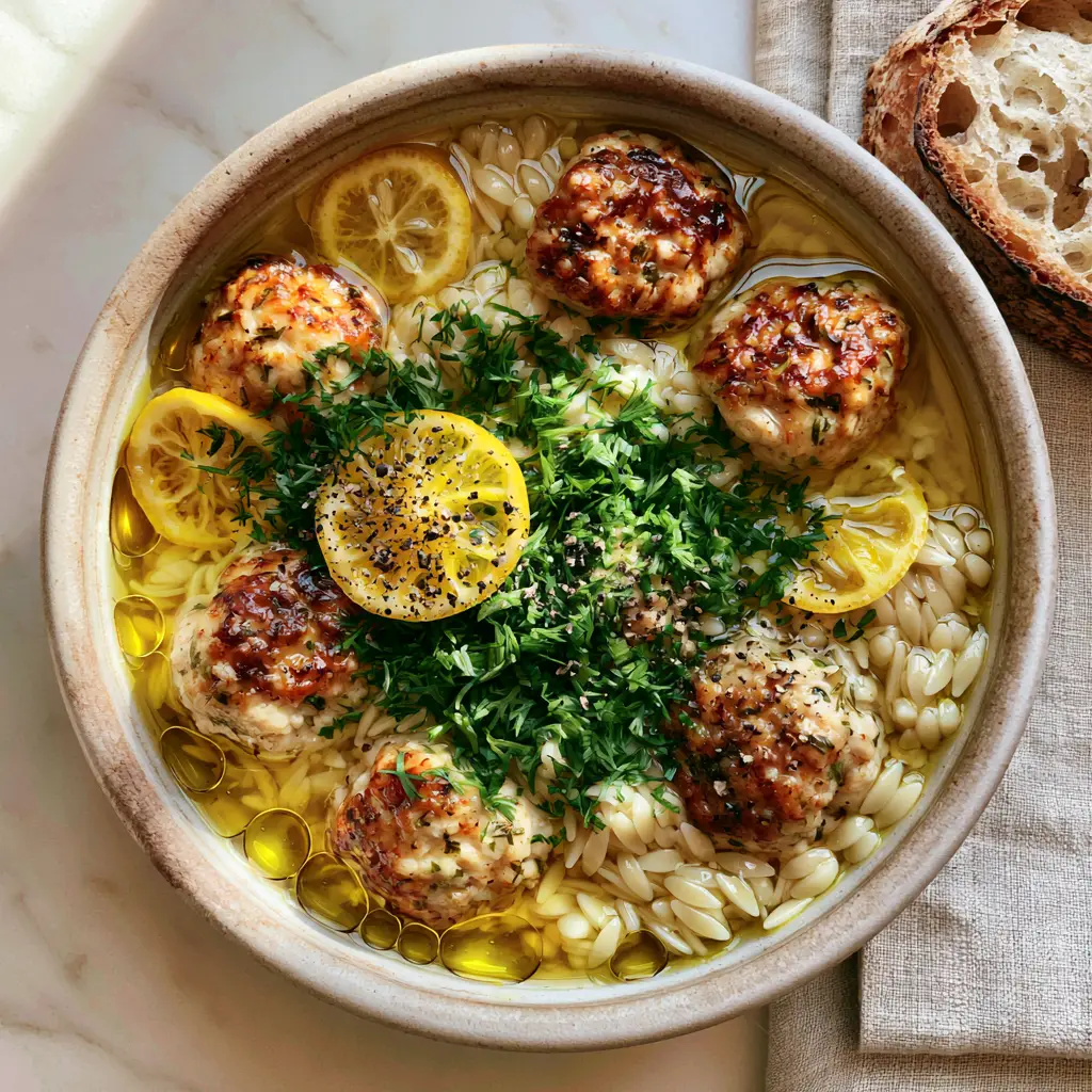 Chicken meatball soup with lemon, orzo, and fresh dill 2 Top-down view of chicken meatball soup in a rustic bowl with shimmering golden broth and seared meatballs. (chicken meatball soup)