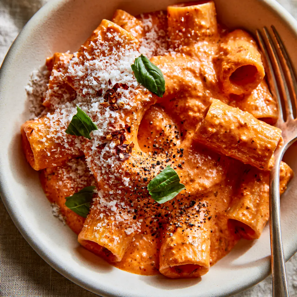 A fork lifting a rigatoni noodle coated in vibrant pink-orange tomato pasta sauce with cream cheese.