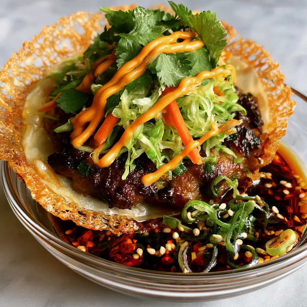 Smash Dumpling Tacos with a Crispy Lacy Starch Skirt 1 A handheld shot of a crispy smash dumpling taco featuring the golden-brown honeycomb starch skirt.