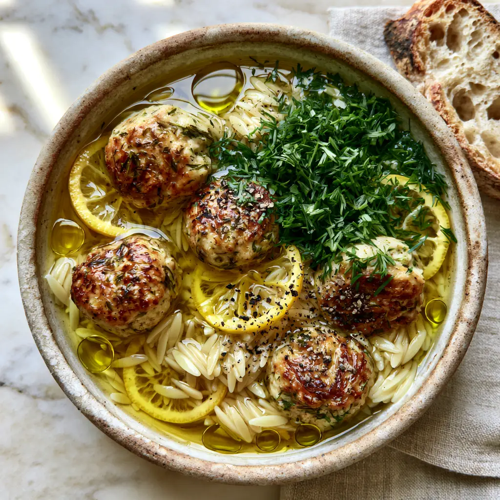 Chicken meatball soup with lemon, orzo, and fresh dill 1 Aesthetic food photography of chicken meatball soup with lemon slices, fresh dill, and toasted sourdough bread on a linen napkin.