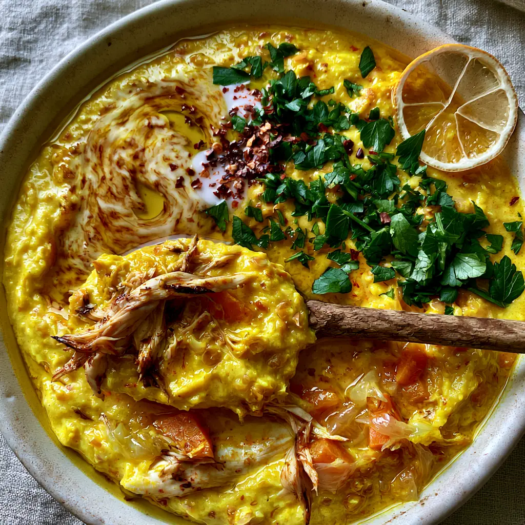 Chicken Lentil Soup with Turmeric and Coconut Cream 2 Close up shot of the velvety red lentil and turmeric base of the chicken lentil soup showing shredded chicken. (chicken lentil soup)