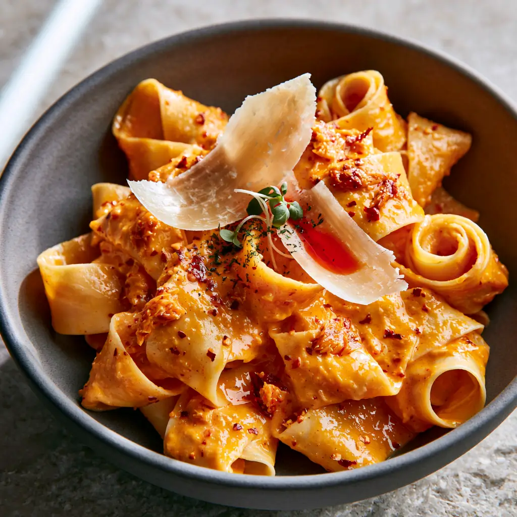 Creamy Calabrian Chili Pappardelle: A Spicy, Velvety Italian Classic 2 Extreme close-up of wide pappardelle pasta coated in a thick, sunset-orange Calabrian chili cream sauce. (Creamy Calabrian Chili Pappardelle)