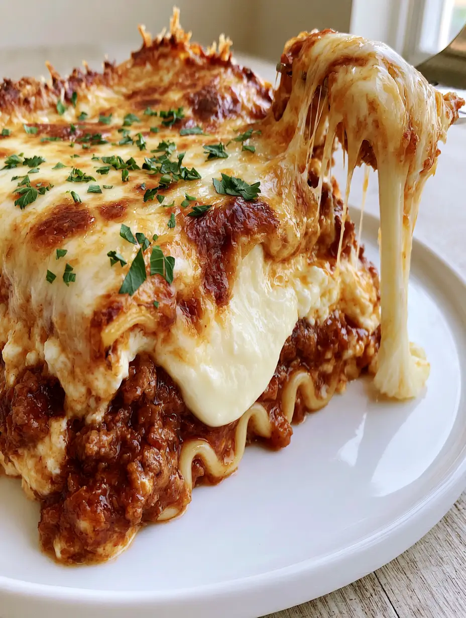 Million Dollar Lasagna Recipe: The Ultimate Creamy, Cheesy Comfort Food 3 Extreme close-up side profile of a thick lasagna slice with deep-red sauce and bubbling mozzarella. (Million Dollar Lasagna recipe)