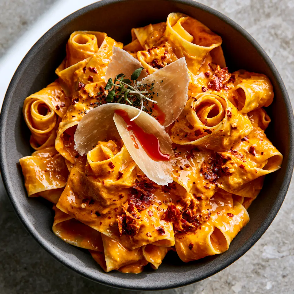 Creamy Calabrian Chili Pappardelle: A Spicy, Velvety Italian Classic 1 Top-down shot of a matte charcoal bowl filled with twirled ribbons of Creamy Calabrian Chili Pappardelle topped with translucent parmesan shavings.