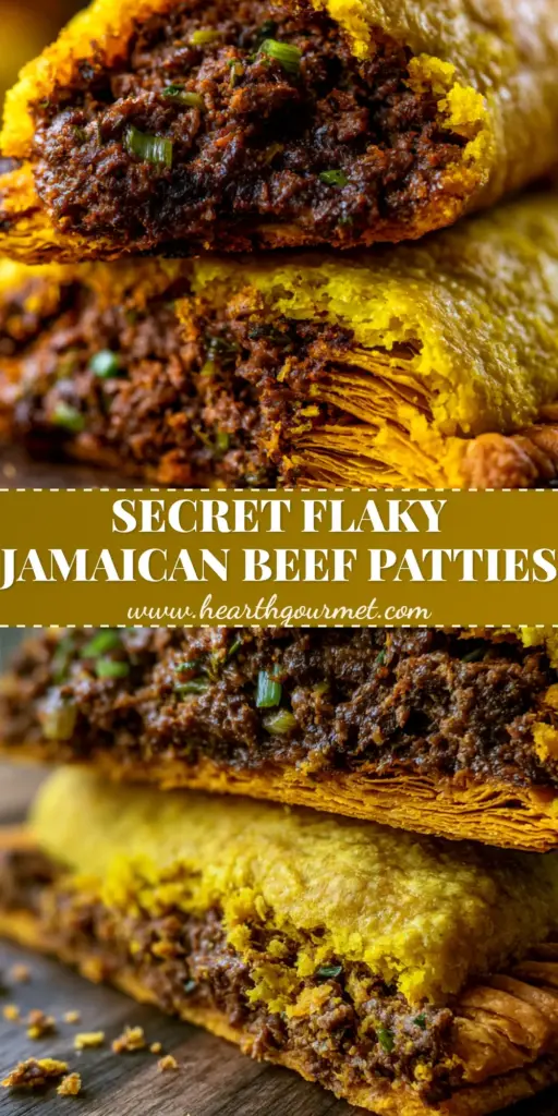 Jamaican beef patties with a Shatter-Crisp Turmeric Crust 4 A stack of two authentic Jamaican beef patties with a shattered turmeric-yellow crust on a dark wood surface.