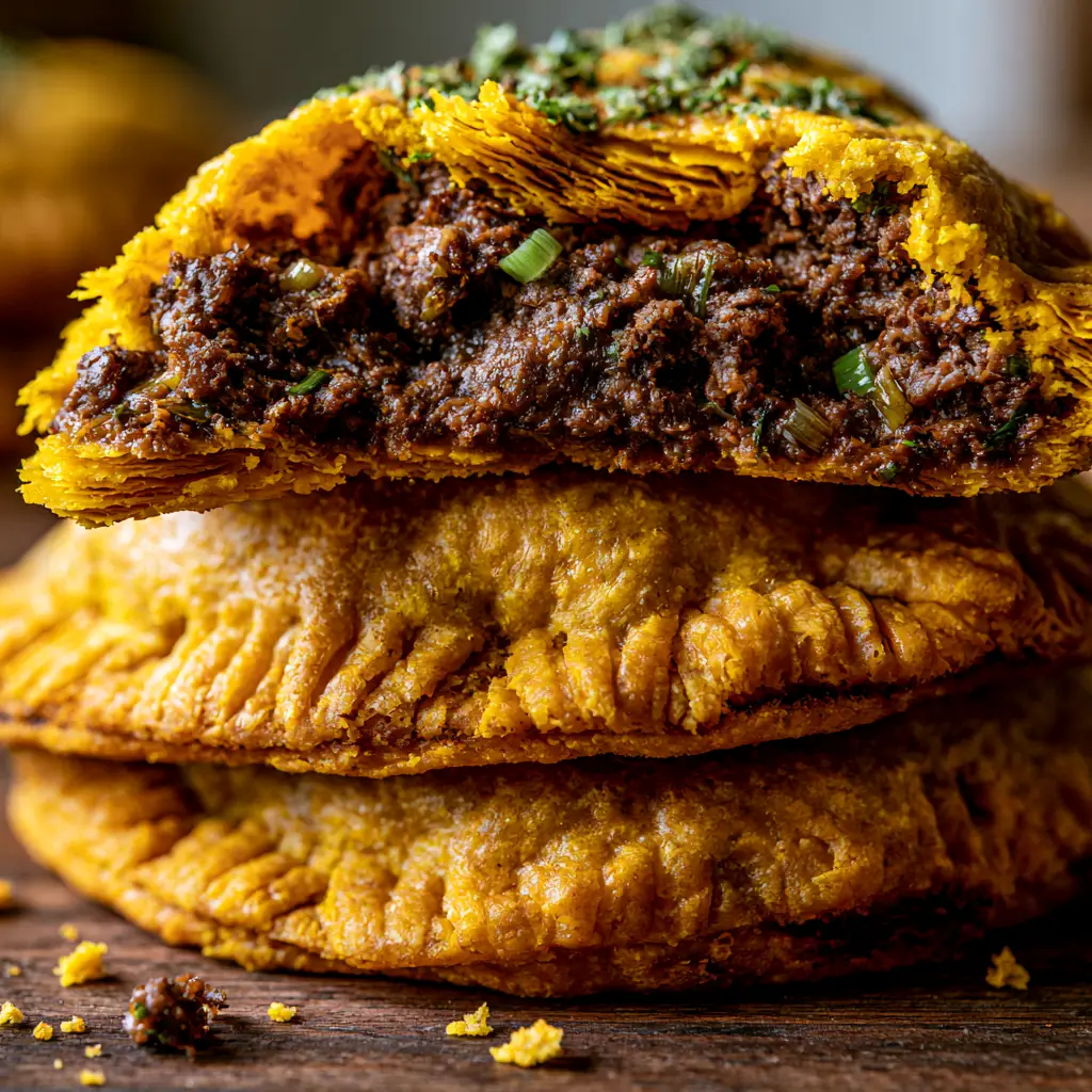 Jamaican beef patties with a Shatter-Crisp Turmeric Crust 2 Extreme close-up of broken Jamaican beef patties revealing a moist dark brown filling and paper-thin pastry layers.