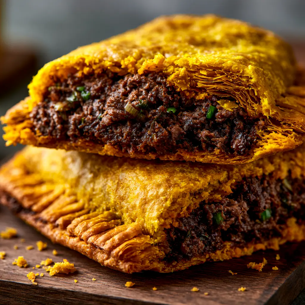 Jamaican beef patties with a Shatter-Crisp Turmeric Crust 1 Detailed view of the golden-brown toasted edges and vibrant yellow crust of Jamaican beef patties.