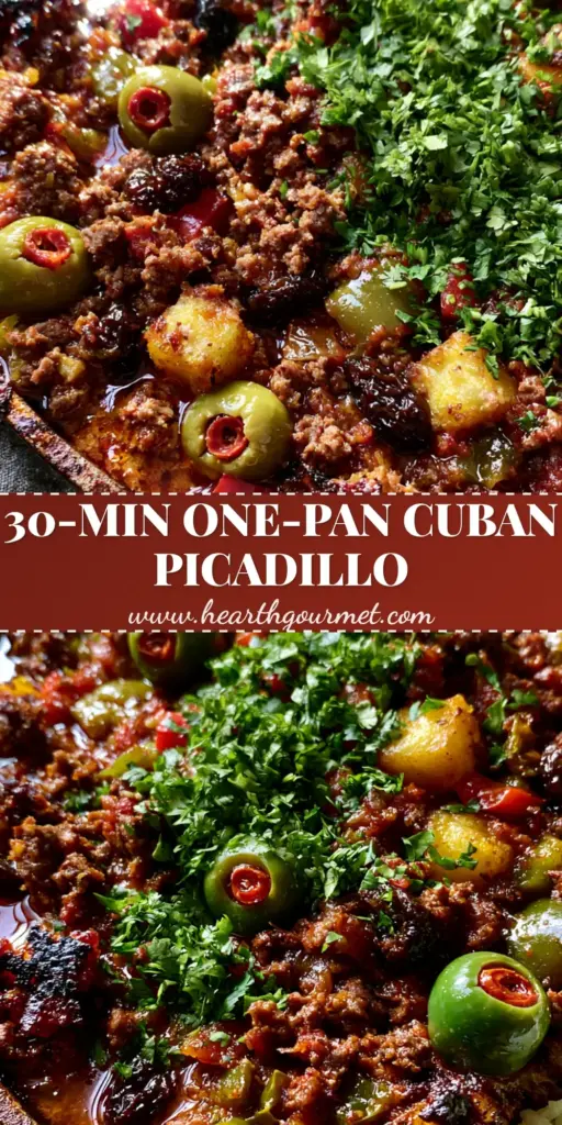 A rustic cast iron skillet filled with glossy Cuban picadillo, featuring seared ground beef, green manzanilla olives, raisins, and golden potatoes, served with white rice. (Cuban picadillo)