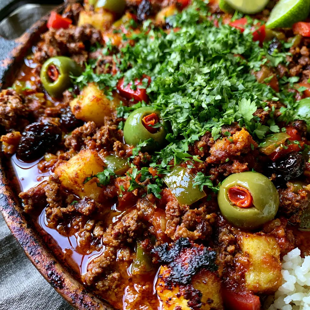A top-down view of Cuban picadillo garnished with fresh cilantro and a lime wedge.