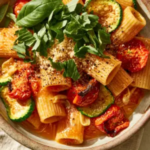 Angled shot of rigatoni pasta coated in a translucent orange-red sauce with zucchini coins and basil. (Tomato zucchini pasta)
