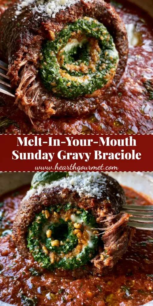 A handheld smartphone photo of a single sliced Braciole beef roll in a white bowl with red gravy and a snow-like dusting of cheese. (Braciole)